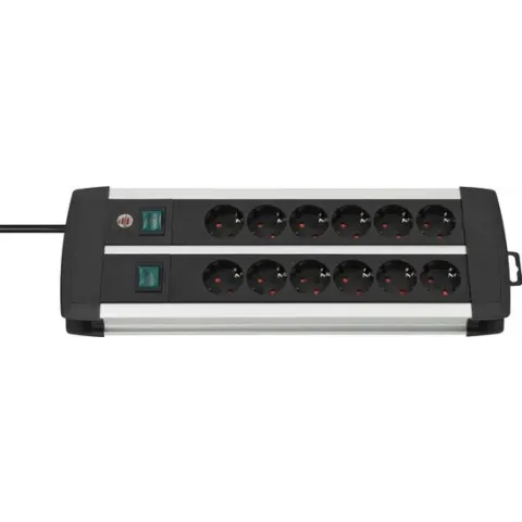 Brennenstuhl Premium-Alu-Line 12-voudige stekkerdoos - verdeeldoos van hoogwaardig aluminium (stekkerblok met 2 schakelaars voor 6 contactdozen per stuk en 3 m kabel) zilver/zwart