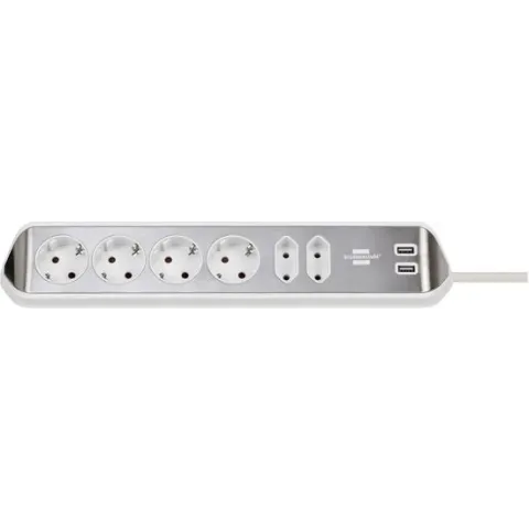 brennenstuhl®estilo hoekstopcontact 4-voudig (stekkerdoos met roestvrij stalen oppervlak voor keuken en kantoor, met 4x beschermcontact-stopcontact, 2x Euro-stopcontacten, 2 x USB-lader) zilver/wit