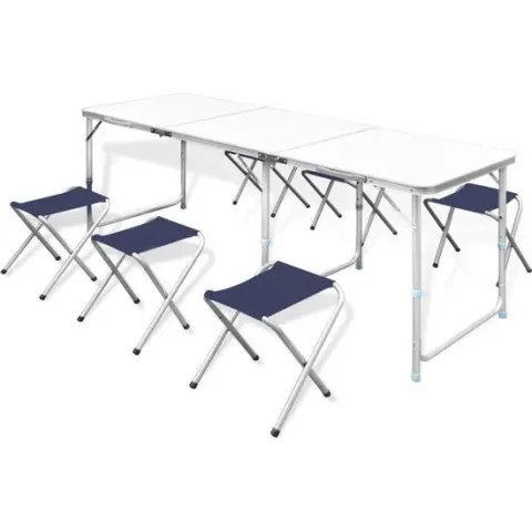 Campingtafel inklapbaar en verstelbaar in hoogte aluminium 180 x 60 cm incl. zes stoelen