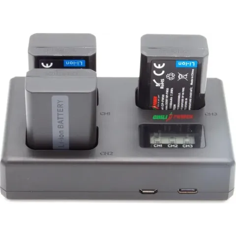 ChiliPower Sony Accu NP-FW50 Kit Deluxe - 3 accu's + Triple lader, voor het laden van 3 accu's