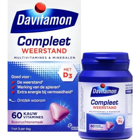Davitamon Compleet Weerstand Kauwvitamines met vitamine D - Multivitamine - bosvruchten - 60 tabletten