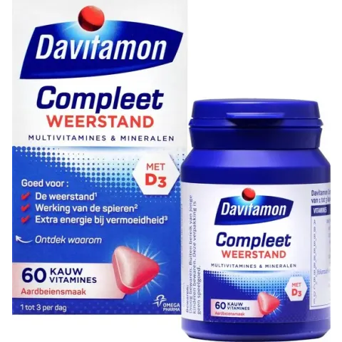 Davitamon Compleet Weerstand met vitamine D - Kauwvitamines - Multivitamine - aardbei - 60 tabletten