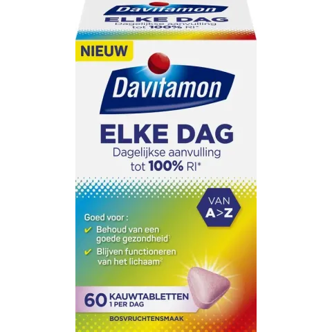Davitamon Elke Dag kauwtabletten - Complete multivitamine met 22 essentiële vitamines en mineralen - 60 tabletten - Multivitamine