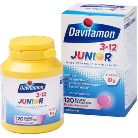 Davitamon Junior 3+ kauwvitamines - multivitamine - framboos - 120 tabletten