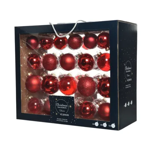 Decoris Kerstballen Glas Mix - Kerstboomversiering - Ø5-7 cm Rood 42 stuks