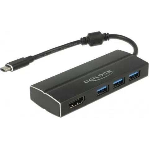 DeLOCK Premium USB-C naar HDMI en 3x USB-A adapter met DP Alt Mode (4K 30 Hz) / zwart - 0,15 meter