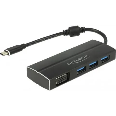 DeLOCK Premium USB-C naar VGA adapter met 3-poorts USB hub en DP Alt Mode (1920 x 1200) / zwart - 0,15 meter