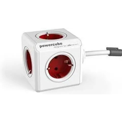 DesignNest PowerCube Extended 3 meter kabel - wit/rood - 5 stopcontacten Type F - stekkerdoos - stekkerblok