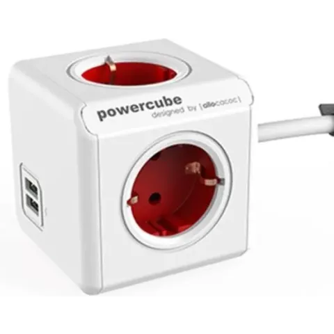DesignNest PowerCube Extended DUO USB - 1,5 meter kabel - wit/rood- 4 stopcontacten - 2 USB laders - Type F - stekkerdoos - stekkerblok - telefoonlader - oplader