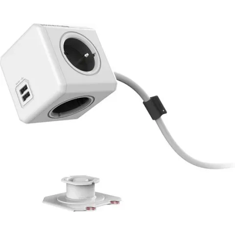 DesignNest PowerCube Extended Duo USB - Type E met aardepin (België) - 1.5 meter kabel - Wit/Grijs - 3 stopcontacten - 2 USB laders - stekkerdoos - stekkerblok - telefoonlader - oplader