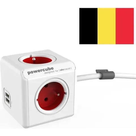 DesignNest PowerCube Extended Duo USB - Type E met aardepin (België) - 1.5 meter kabel - Wit/Rood - 3 stopcontacten - 2 USB laders - stekkerdoos - stekkerblok - telefoonlader - oplader