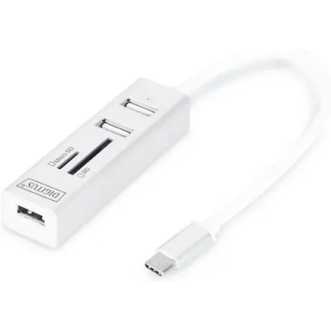 Digitus DA-70243 3 poorten USB 2.0-hub Met USB-C stekker, Met aluminium behuizing, Met OTG-functie, Met ingebouwde SD-k