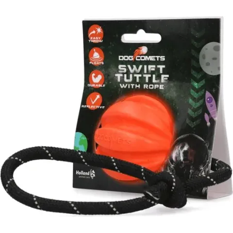 Dog Comets Ball Swift Tuttle met touw – Duurzaam honden speelgoed – Stevige honden bal – Rubberen bal – Geschikt voor honden – Hondenbal voor gezonder tandvlees – Oranje – 6 diameter
