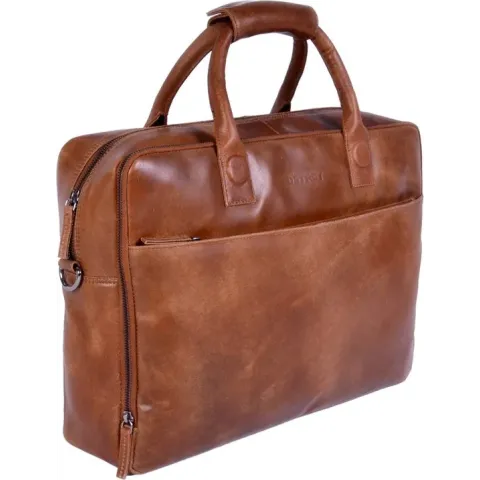 DSTRCT Fletcher November Leren Business Laptoptas - 17,3 inch laptopvak met rits - Sleutelhanger - Cognac