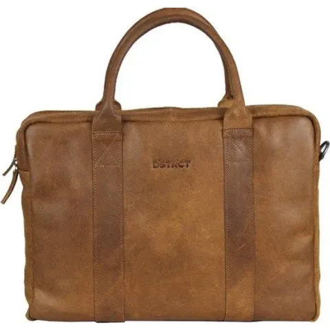 DSTRCT Limited Leren Business Laptoptas - 15,6 inch laptopvak met rits - Sleutelhanger - Cognac
