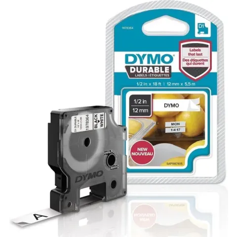 DYMO® D1 duurzaam (12 mm x 5,5 M), zwart op wit