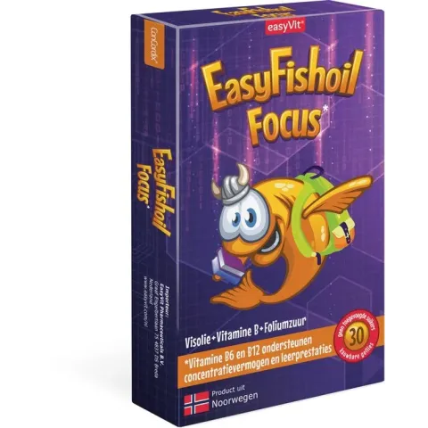 Easyfishoil Focus Omega-3 voedingssupplement met choline, vitamine B6, B11 (foliumzuur) en B12. Zachte kauwgellies ter ondersteuning van het concentratievermogen en leerprestaties van kinderen