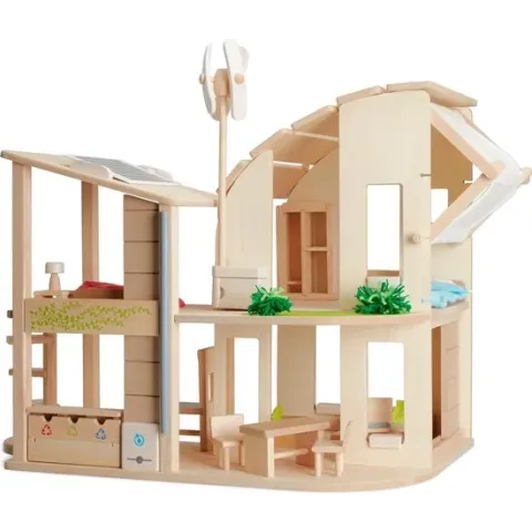 Ecologisch houten poppenhuis met meubels
