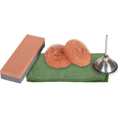 Esschert Design - Tuingereedschaponderhoudsset - 4-delig: slijpsteen, koperwol, oliekannetje, doek