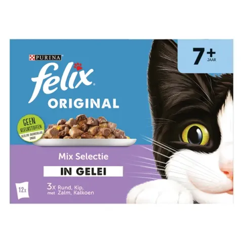 Felix Multipack Original Mix Selectie In Gelei 7+ Senior - Kattenvoer - Rund Kip Kalkoen 12x85 g