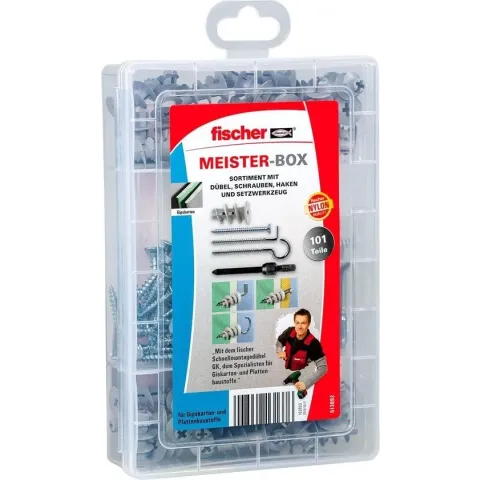 Fischer 513892 Meister-Box with GK dowels, screws, Angle, and round hooks Content 101 Parts