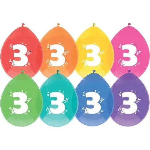 Haza Original Ballonnen Multicolor Met Opdruk "3" 30 Cm 8 Stuks