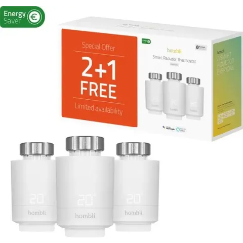 Hombli Smart Radiator Thermostat Expansion Pack (2+1) – Slimme radiatorknop – Thermostaatkraan – Bluetooth – Bediening via App - Open raam detectie – Verbruiksoverzicht – Spraakbesturing met Google, Alexa en Siri