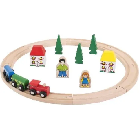 Houten Treinbaan Startersset - BIGJIGS - 20-Delig - Met Rails, Trein en Figuren