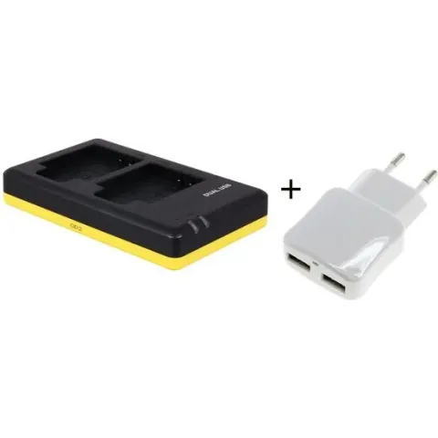 Huismerk Duo lader voor 2 camera accu's Olympus Li-90B + handige 2 poorts USB 230V adapter