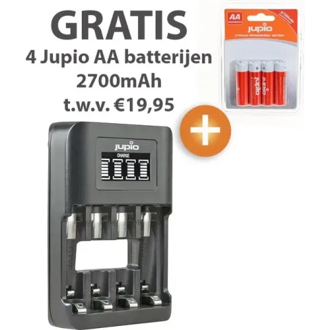 Jupio USB 4-slots UltraFast AA/AAA batterijlader + gratis Jupio 4-pack 2700mAh AA batterijen