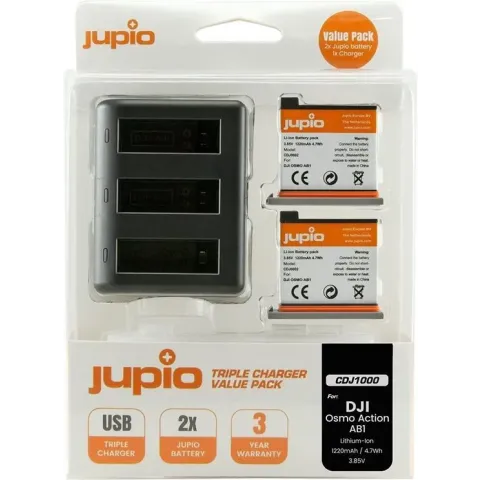 Jupio Value Pack: 2x Battery DJI Osmo Action AB1 1220mAh + Compact USB Triple Charger