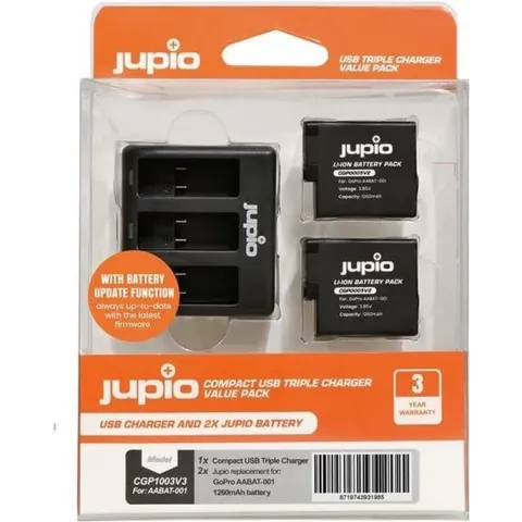 Jupio Value Pack: 2x Battery GoPro HERO5/6/7, HERO (2018) AHDBT-501 1260mAh + Compact USB Triple Cha
