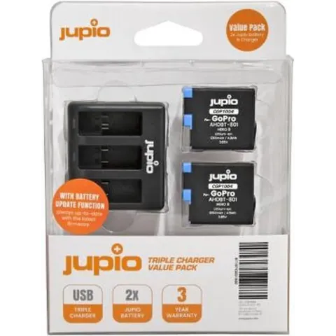 Jupio Value Pack: 2x Battery GoPro HERO8 AHDBT-801 1260mAh + Compact USB Triple Charger (update vers