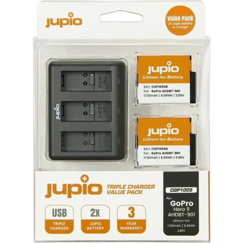 Jupio Value Pack: 2x Battery GoPro HERO9 AHDBT-901 1720mAh + Compact USB Triple Charger (update version)