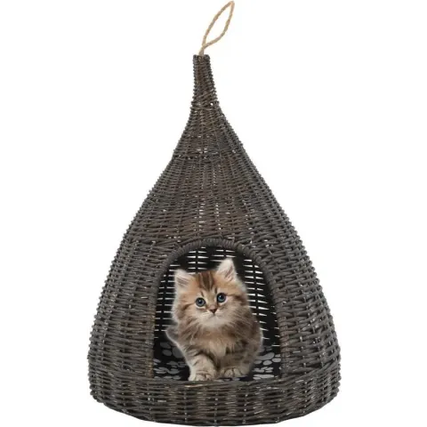 Kattenhuis met kussen tipi 40x60 cm natuurlijk wilgen grijs