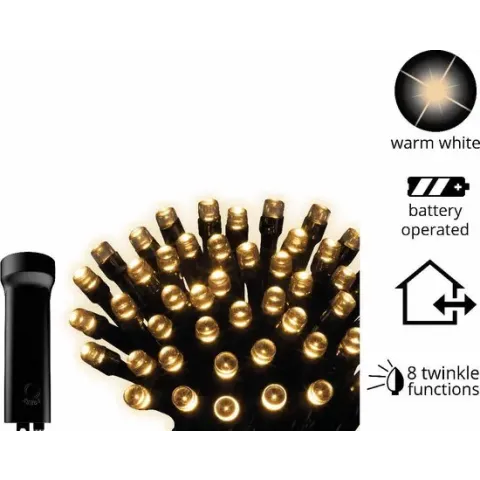 Kerstverlichting batterij LED durawise strings 14,3M -192 lampjes -div lichtstanden (warm wit licht) -Ook geschikt voor buiten  -lichtkleur: Warm Wit -Werkt op batterijen -Met timer functie -Kerstdecoratie