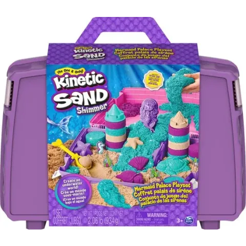 Kinetic Sand Shimmer - Opvouwbare Meermin zandbak-speelset met 907 g glinsterend speelzand in 3 kleuren, 6 mallen en 1 schep