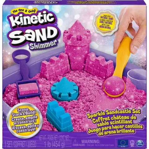 Kinetic Sand Shimmer - Zandkasteel-set met 453 g roze glinsterend speelzand 3 vormpjes en 2 stuks gereedschap - Sensorisch speelgoed