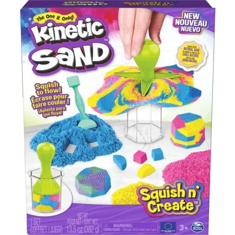 Kinetic Sand - Squish N’ Create met 382 g blauw geel en roze speelzand en 5 gereedschappen - Sensoriche speelgoed