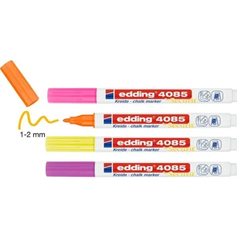 Krijtstift edding 4085 - 4 neon kleuren krijtmarkers - ronde punt, 1-2 mm