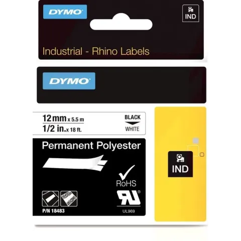 Labeltape DYMO IND RHINO 18764 Polyester Tapekleur: Wit Tekstkleur:Zwart 12 mm 5.5 m