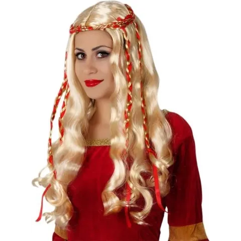 Lange blonde pruik met rode linten voor vrouwen - Verkleedpruik