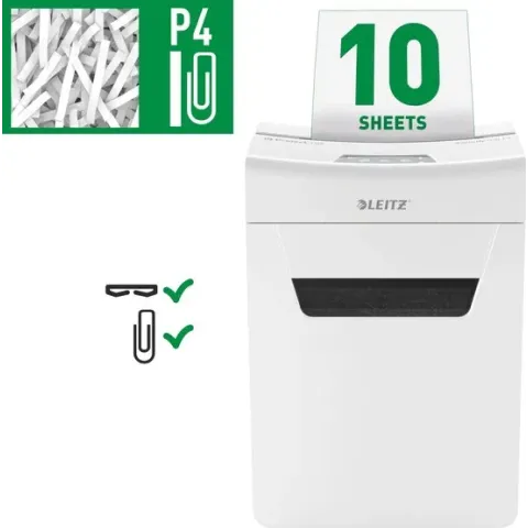 Leitz IQ Premium Protect 10X Ultrastille P-4 Papierversnipperaar P-4 Snippers Voor Thuis/Thuiswerkplek - Invoer tot 10 Vellen - Opvangbak van 18 Liter - Wit