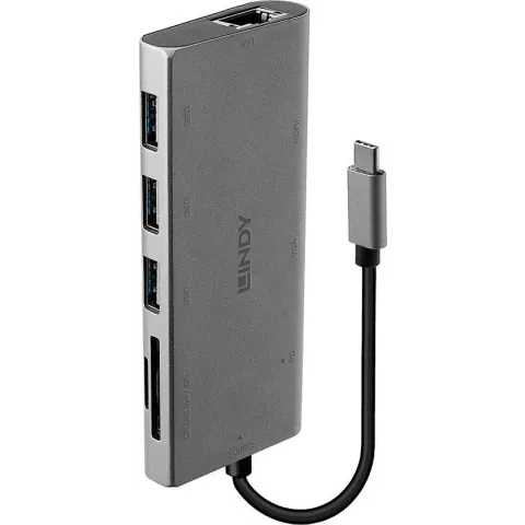 LINDY 43278 USB-C Converter [1x USB-C stekker - 3x USB 3.2 Gen 1 bus A (USB 3.0), VGA-bus, HDMI-bus, RJ45-bus, USB-C bu