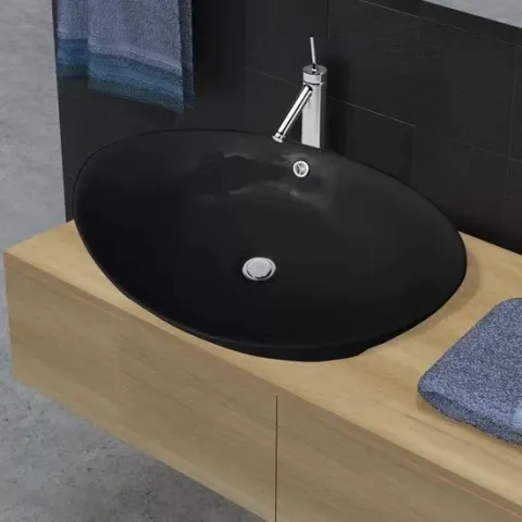 Luxe ovalen wastafel met overloop (zwart, 59 x 38,5 cm)