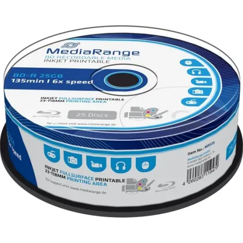 MediaRange BD-R 25GB 6x voll bedruckbar 25pcs Cakebox