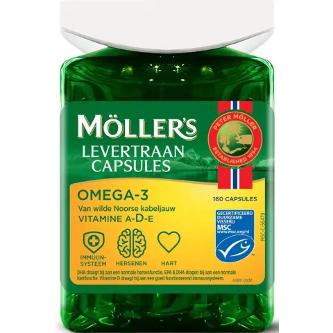 Möller's Omega-3 Levertraan Capsules - 160 capsules - Pure Levertraan uit Noorwegen - MSC visolie van wilde Noorse kabeljauw