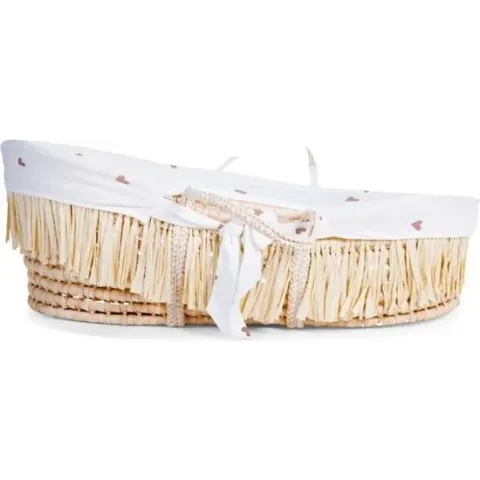 Moses Mand + Handvaten + Matras - Zacht Maïsschil + Raffia - Naturel + Jersey Bekleding Hearts