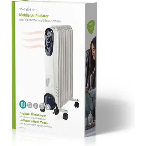 Nedis Mobiele Olieradiator | 800 / 1200 / 2000 W | 9 Vinnen | Instelbare thermostaat | 3 Warmte Standen | Omvalpreventie | Wit