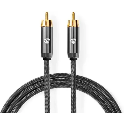 Nedis Subwoofer-Kabel | RCA Male | RCA Male | Verguld | 5.00 m | Rond | 4.5 mm | Antraciet / Gun Metal Grijs | Cover Box